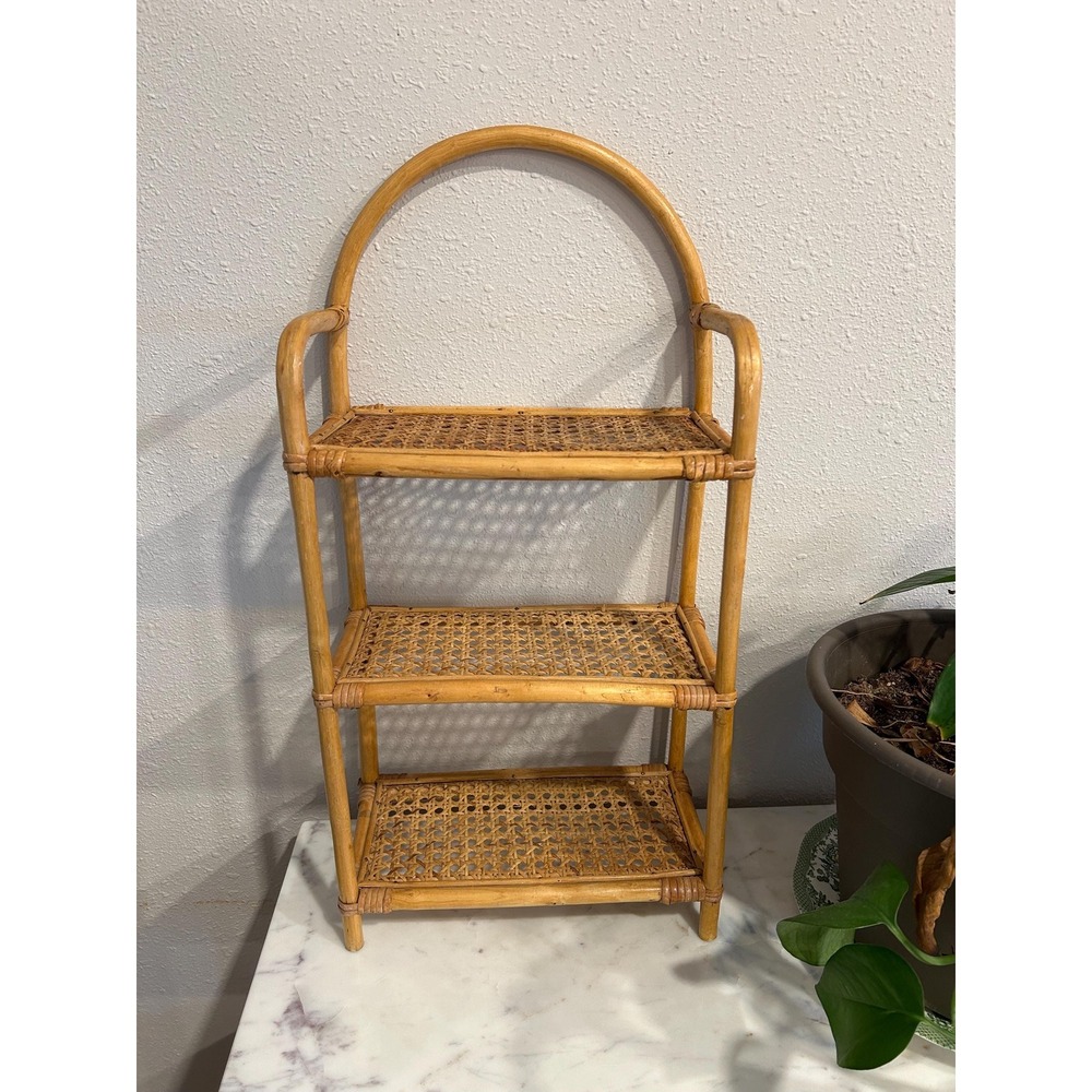 Vintage Bamboo Rattan Wicker Arched Tabletop Shelf Organizer Boho Mid Century